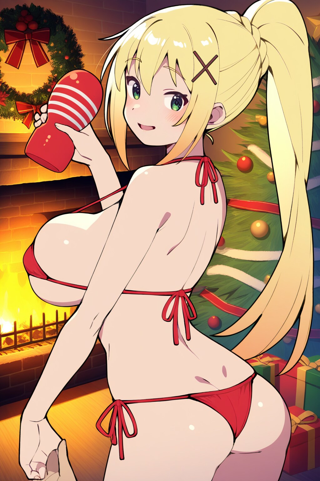 TENGA片手にマイクロビキニサンタ姿でメリクリなダクネス👙🎄😍