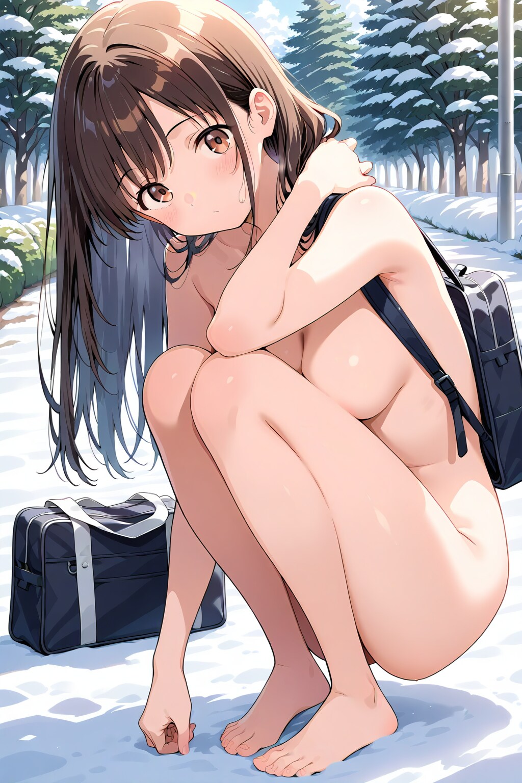 裸足で雪の上を歩きながらスクールバッグを肩に掛けて全裸登校