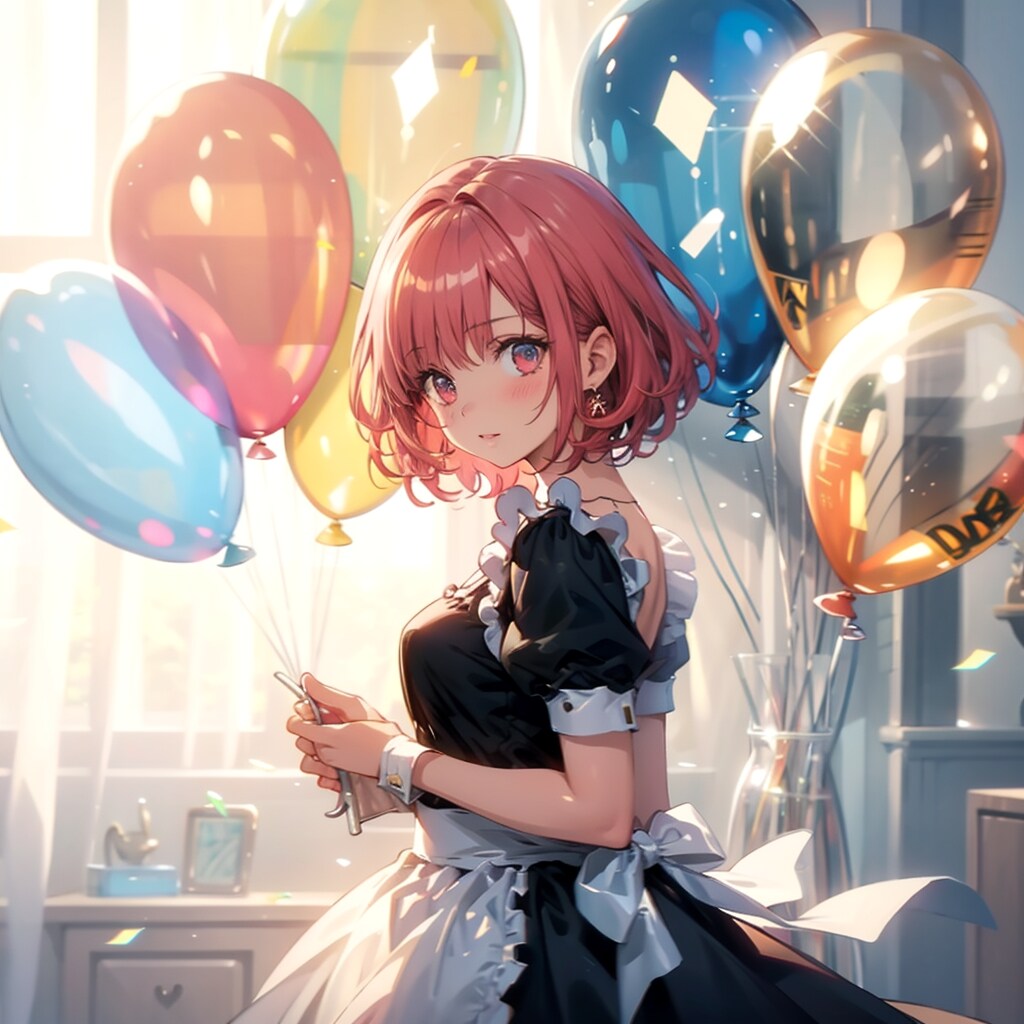 いっぱい風船を持つ赤い髪ショートカットのメイド服着た美女。 | の人気AIイラスト・グラビア