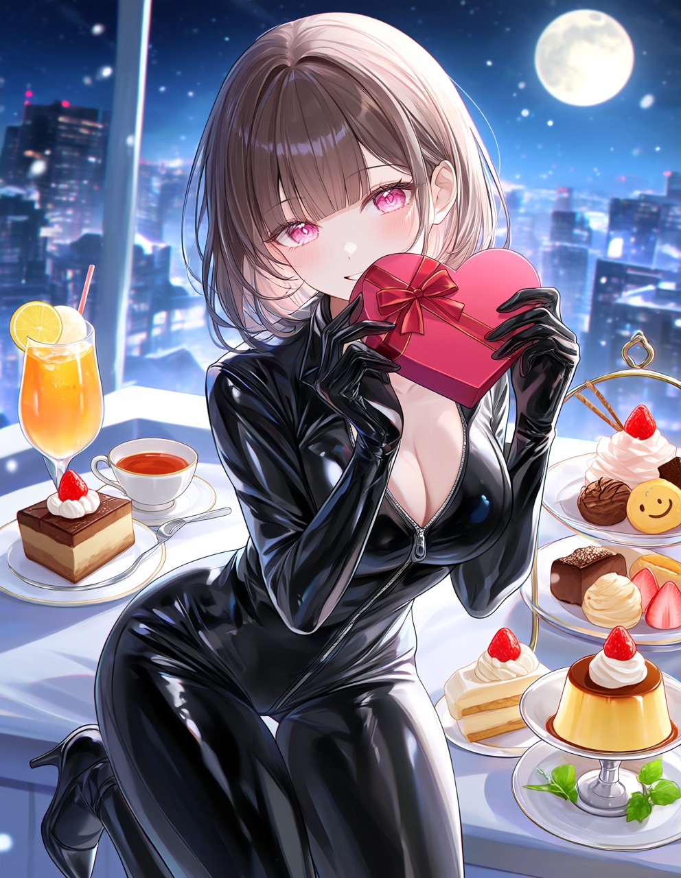 ラバースーツの架純さんと菓子類(PixAI版)
