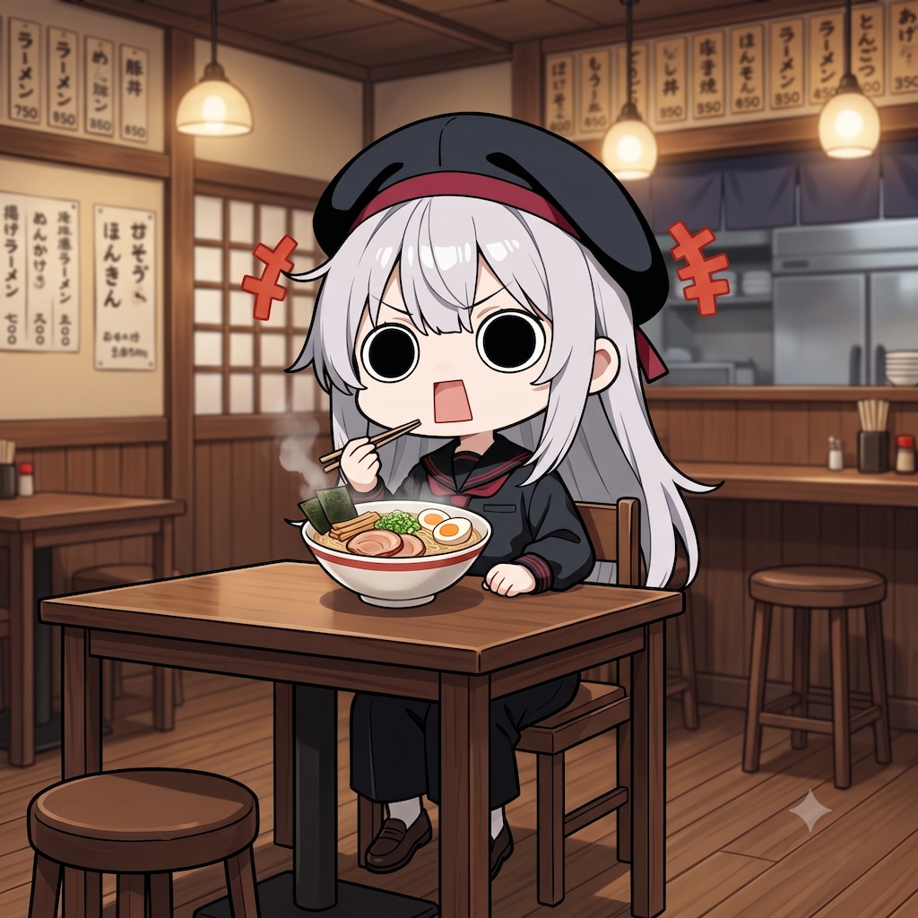 ラーメンを頂くえらいこっちゃ嬢