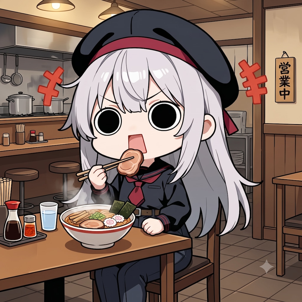 ラーメンを頂くえらいこっちゃ嬢