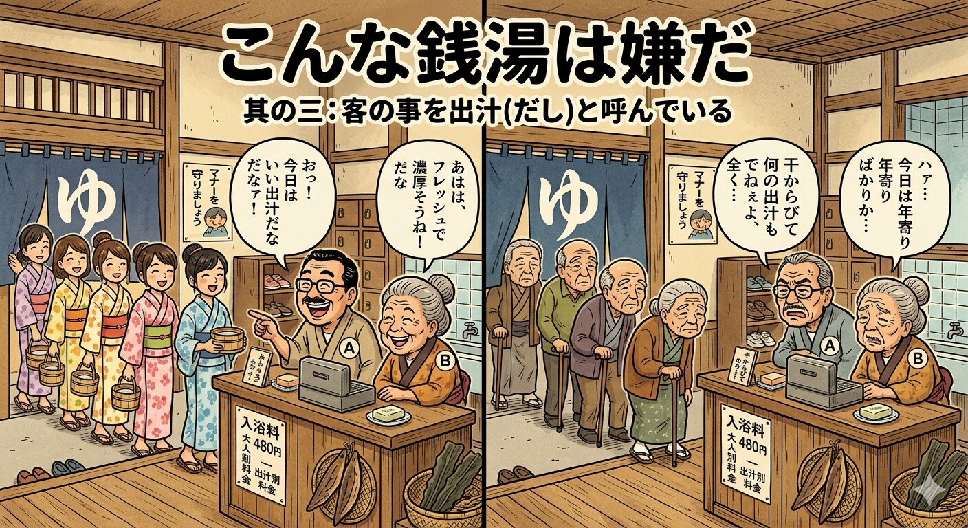こんな銭湯は嫌だ"客の事を出汁と呼んでいる"