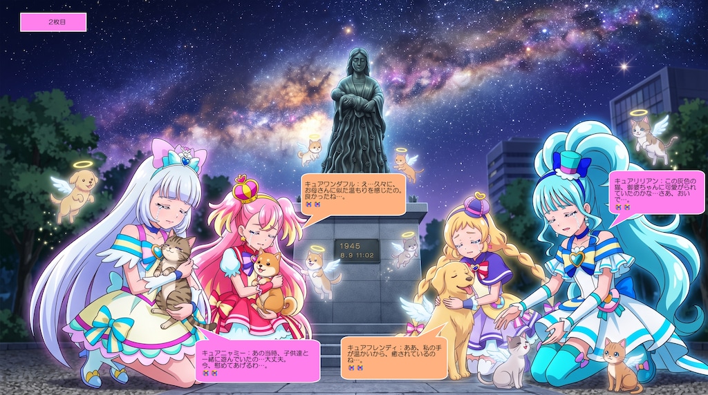 4人のプリキュア達、長崎原爆で亡くなった犬猫達を慰める