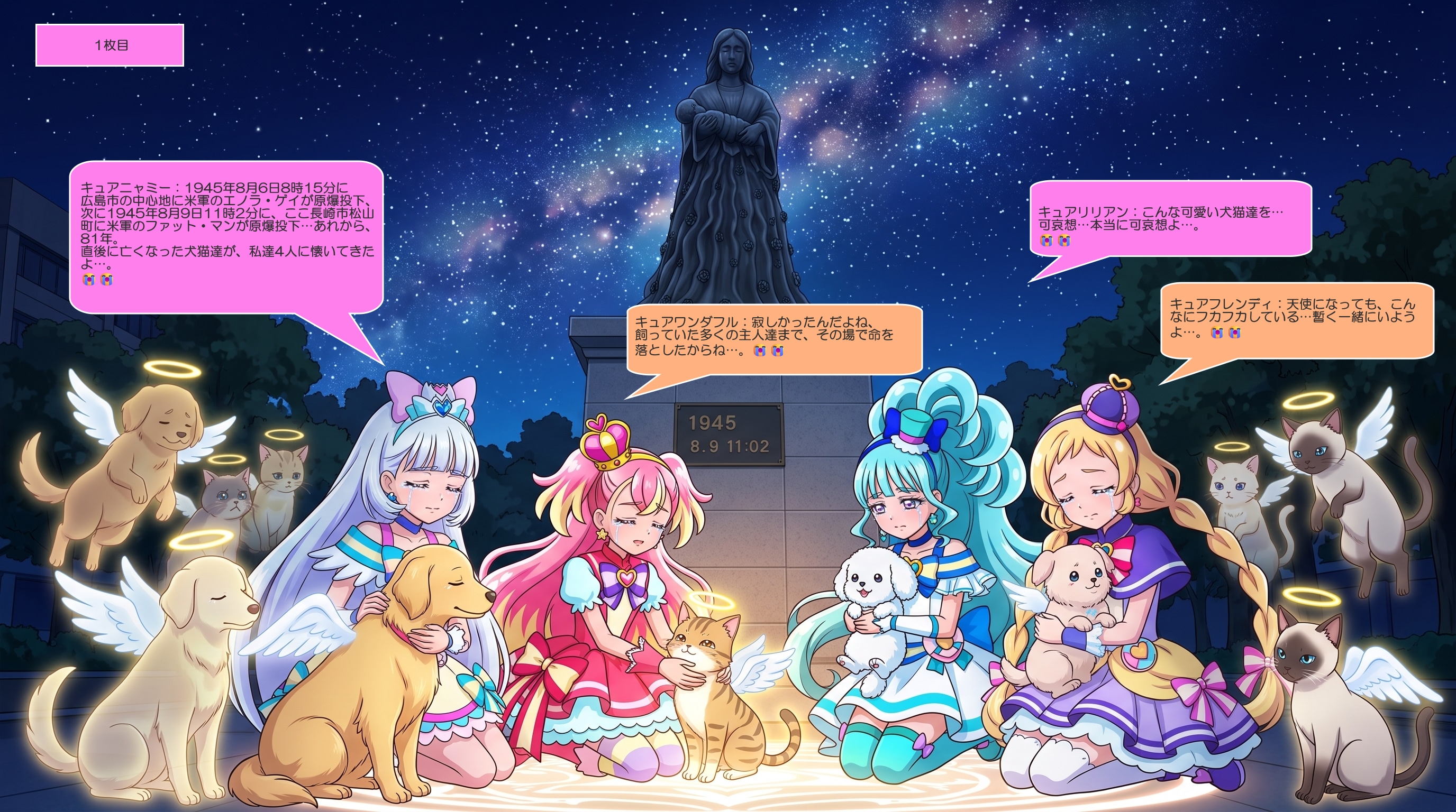 4人のプリキュア達、長崎原爆で亡くなった犬猫達を慰める