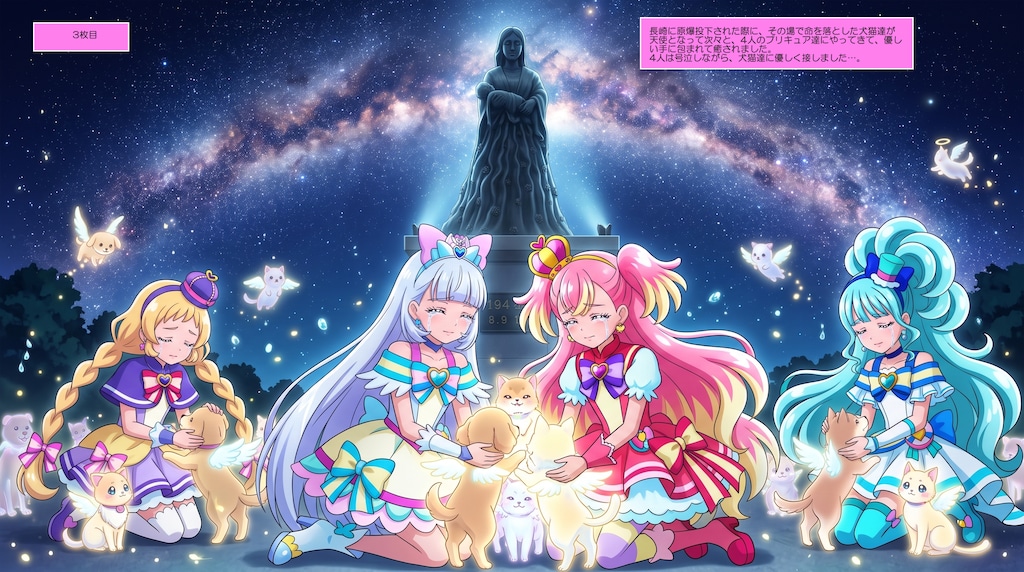 4人のプリキュア達、長崎原爆で亡くなった犬猫達を慰める