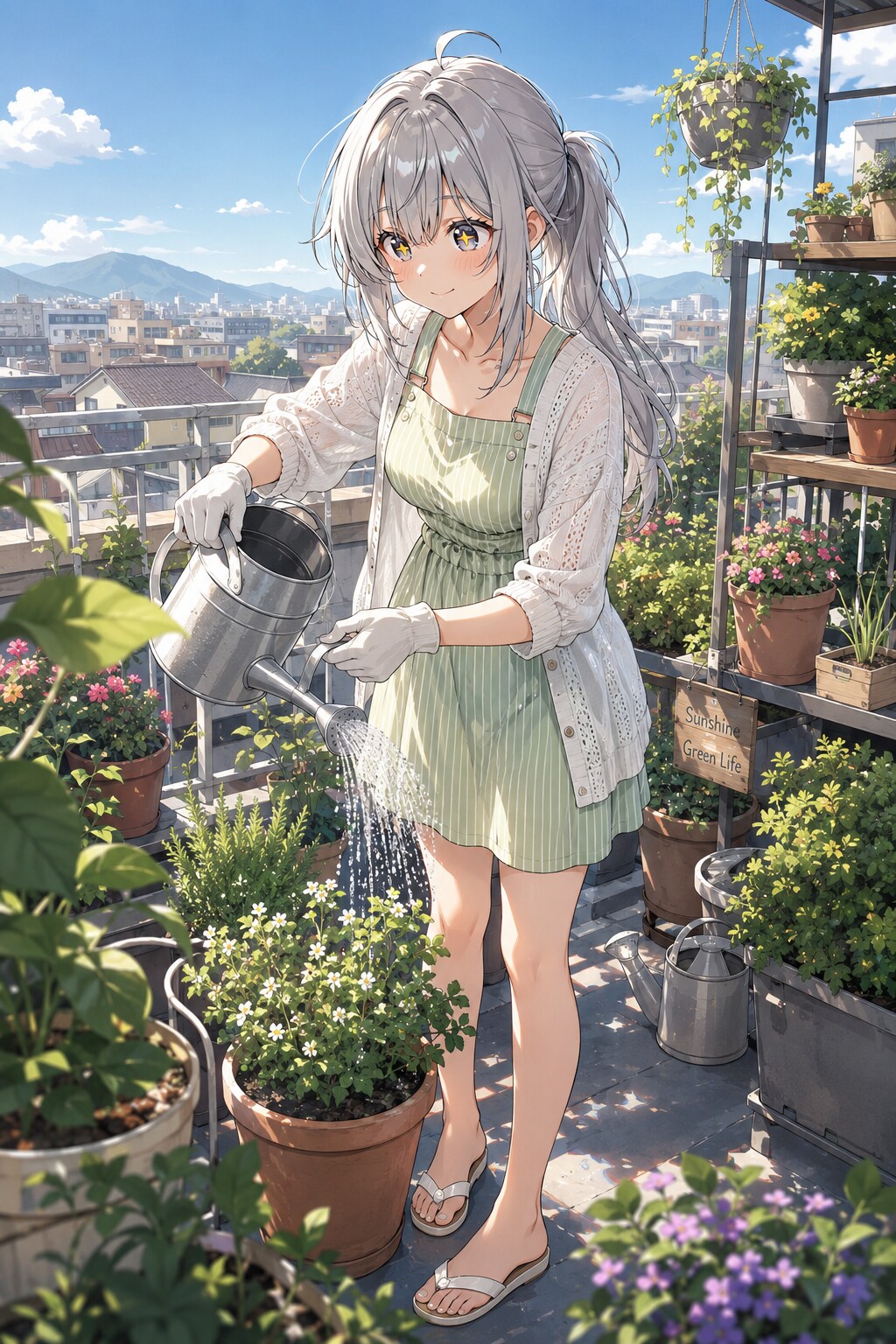 屋上ガーデンで、水やりの時間