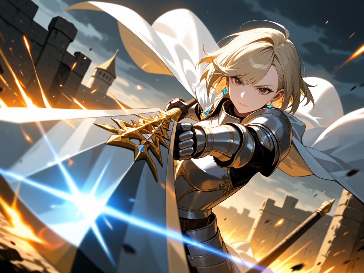 女騎士が武器をこちらに向けて構えている図