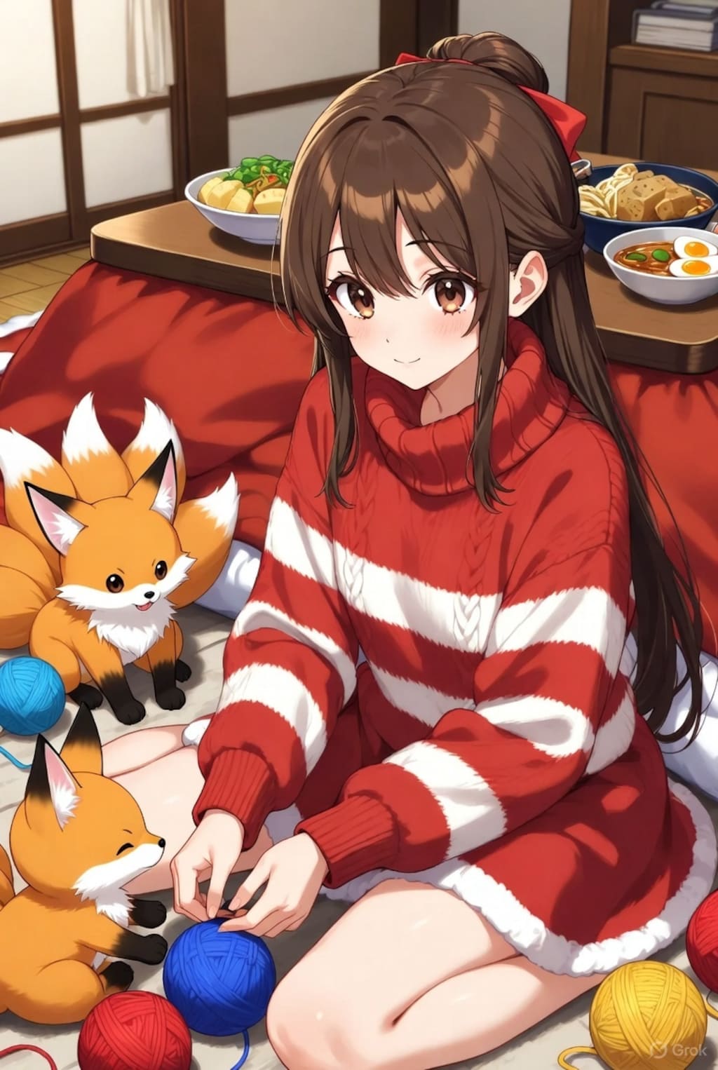 冬越しの準備をする少女としっぽがたくさんある狐たち