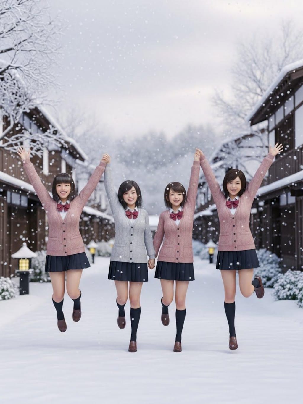 雪にはしゃぐ女子高生➂