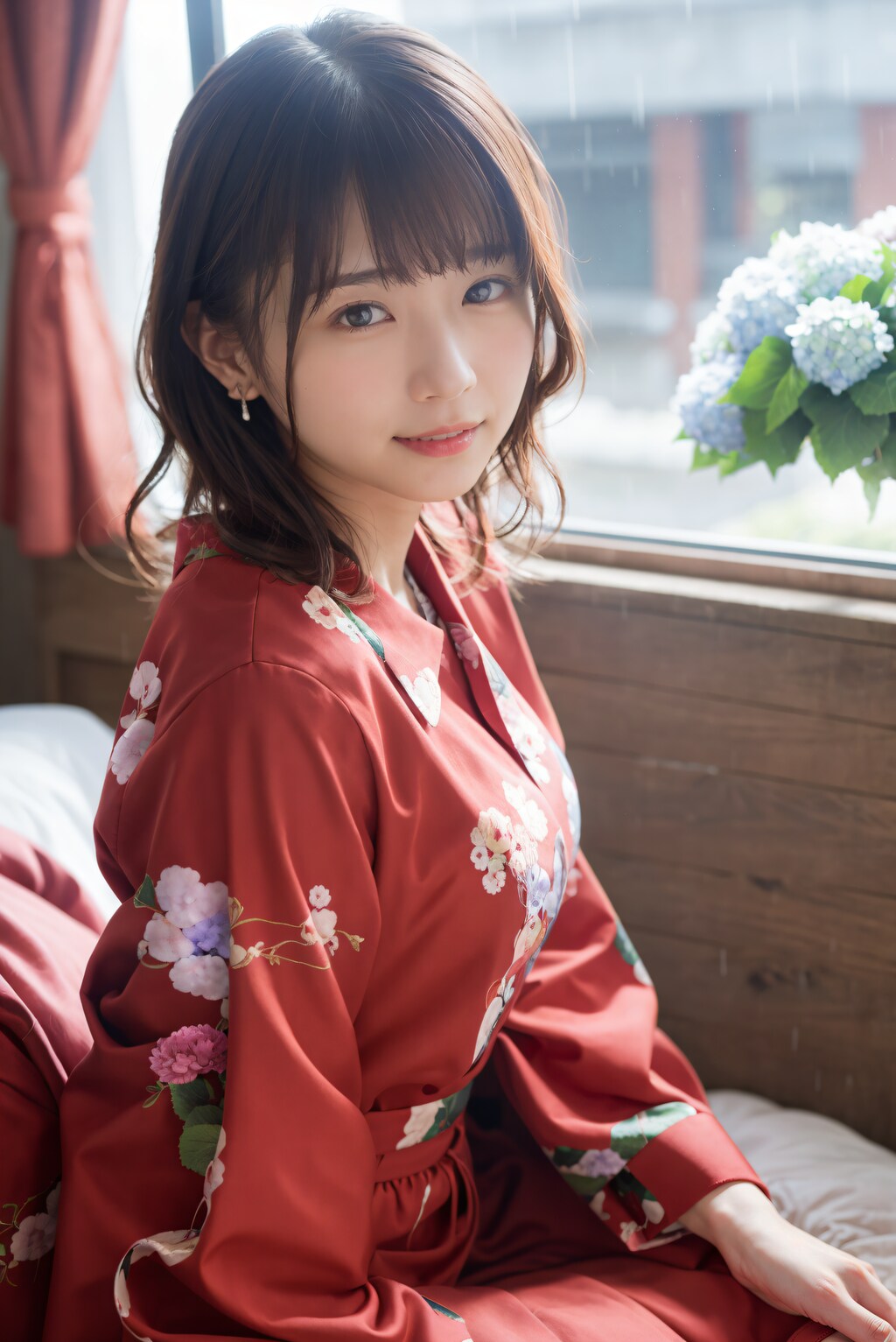 雨と紫陽花と寄り添う女性