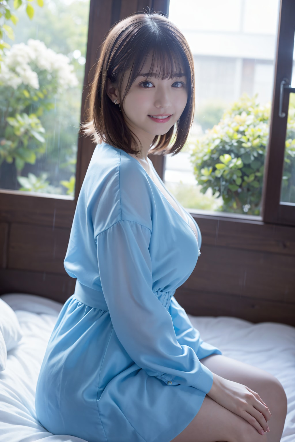 雨と紫陽花と寄り添う女性