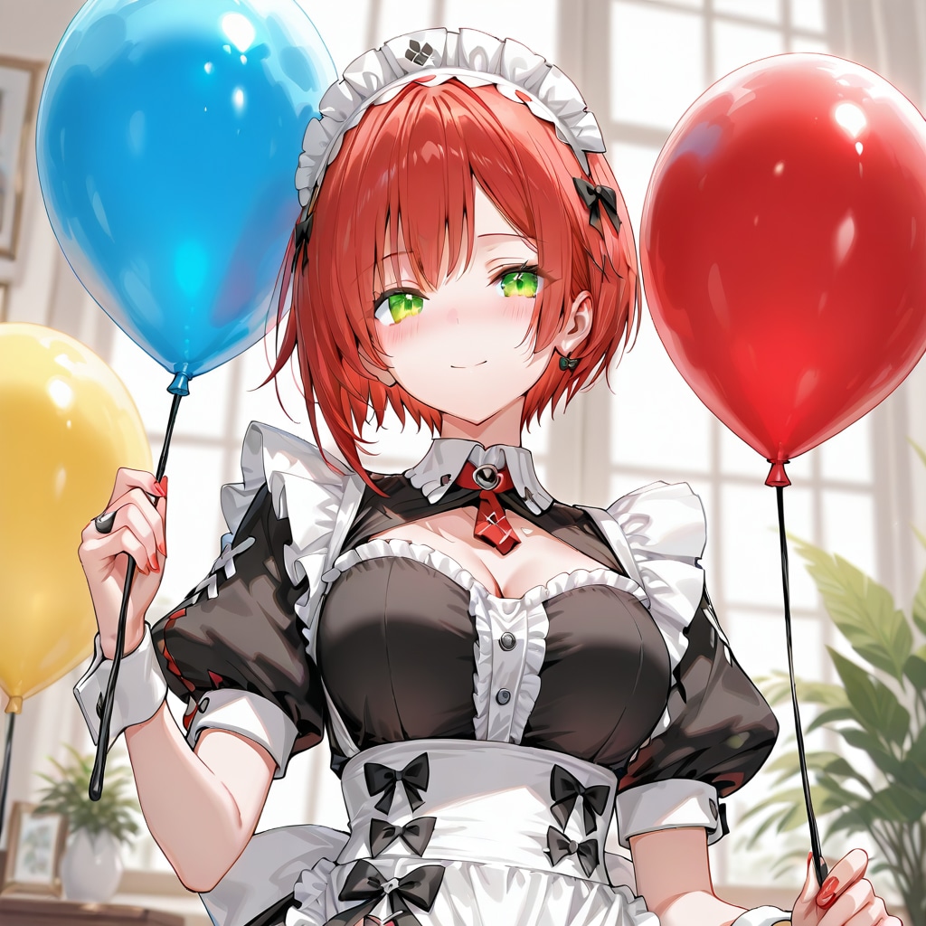 いっぱい風船を持つ赤い髪ショートカットのメイド服着た美女