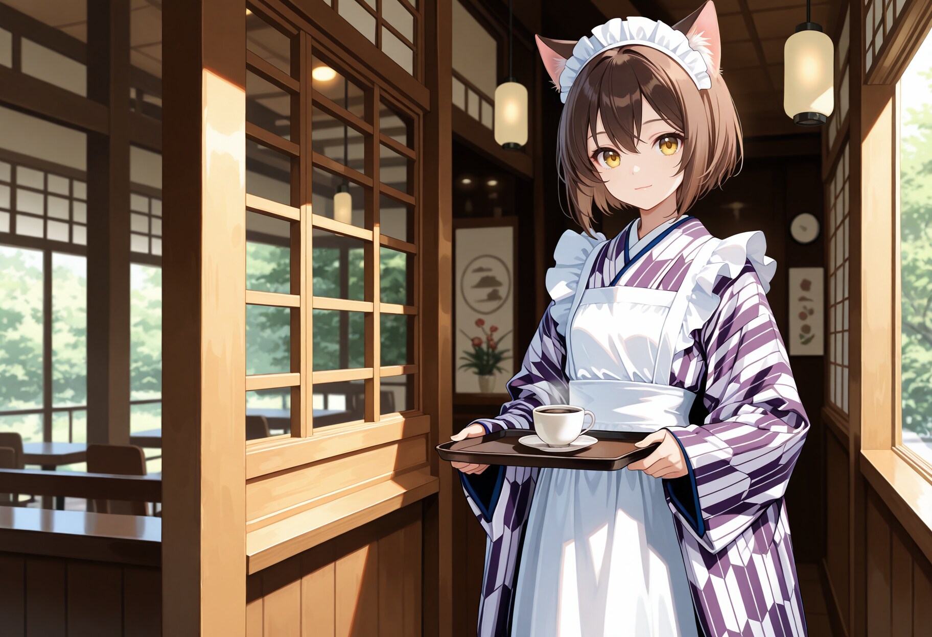 矢絣柄の和服メイドな喫茶店で働く猫娘さん