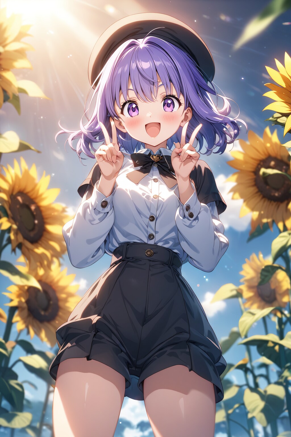 ひまわり畑の中心でWピースをする女の子