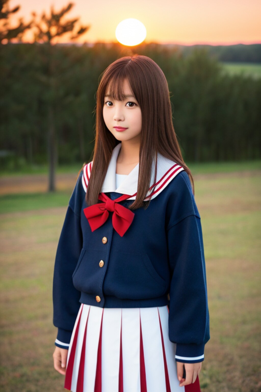 かわいいセーラー服の女の子　夕日がまぶしい