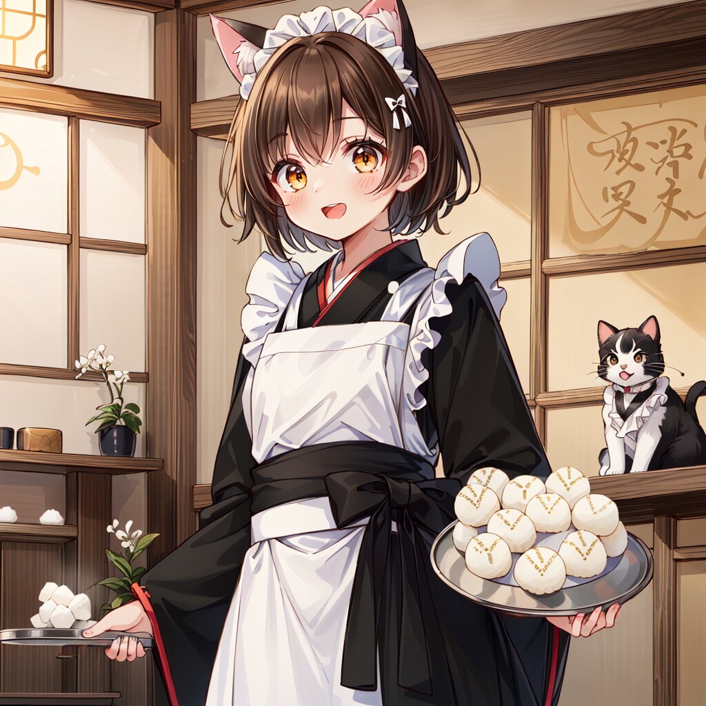 和装して茶屋で和菓子を振舞う喫茶店で働く猫娘
