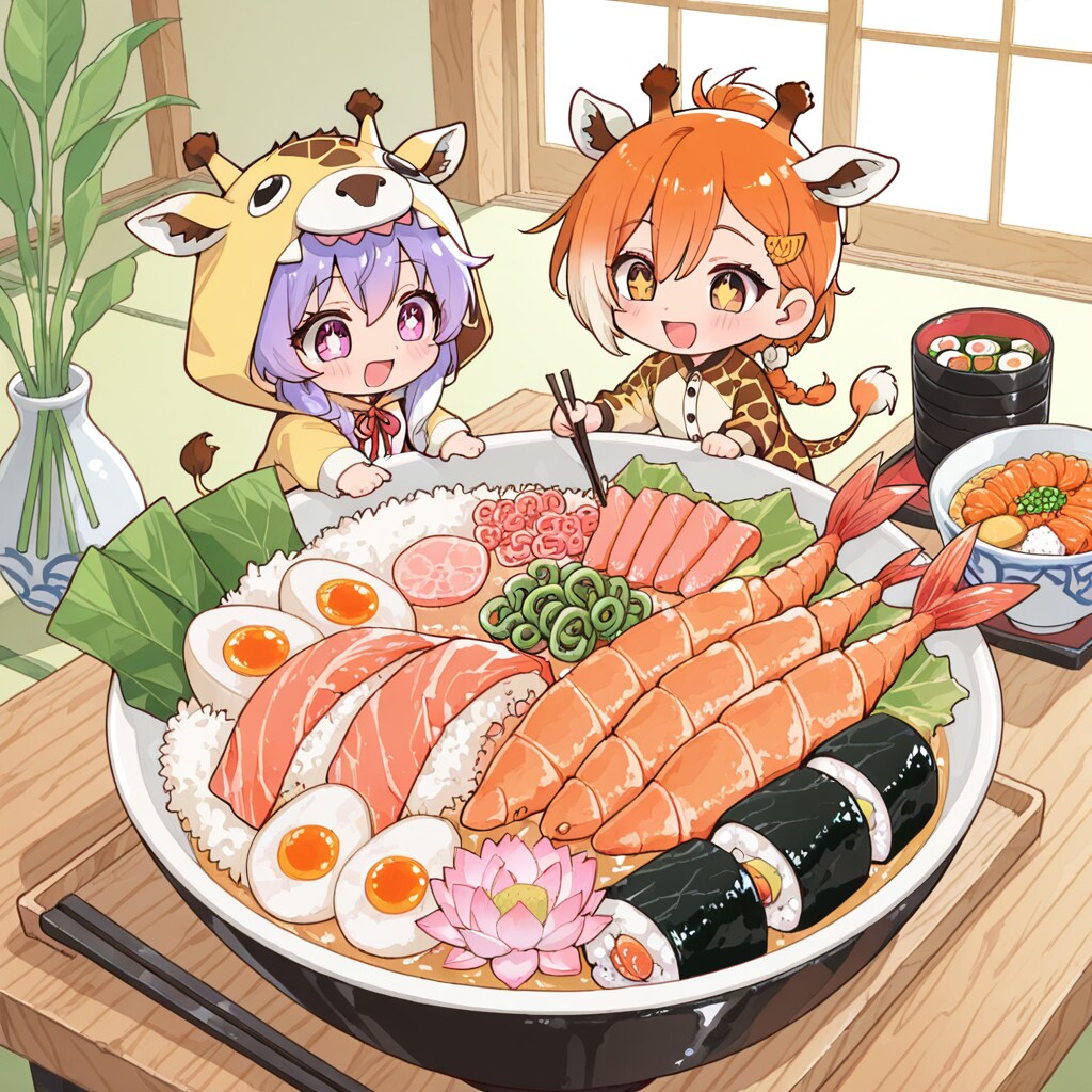 お寿司を堪能するキリン着ぐるみちび子ちゃん