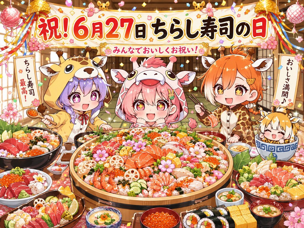 お寿司を堪能するキリン着ぐるみちび子ちゃん