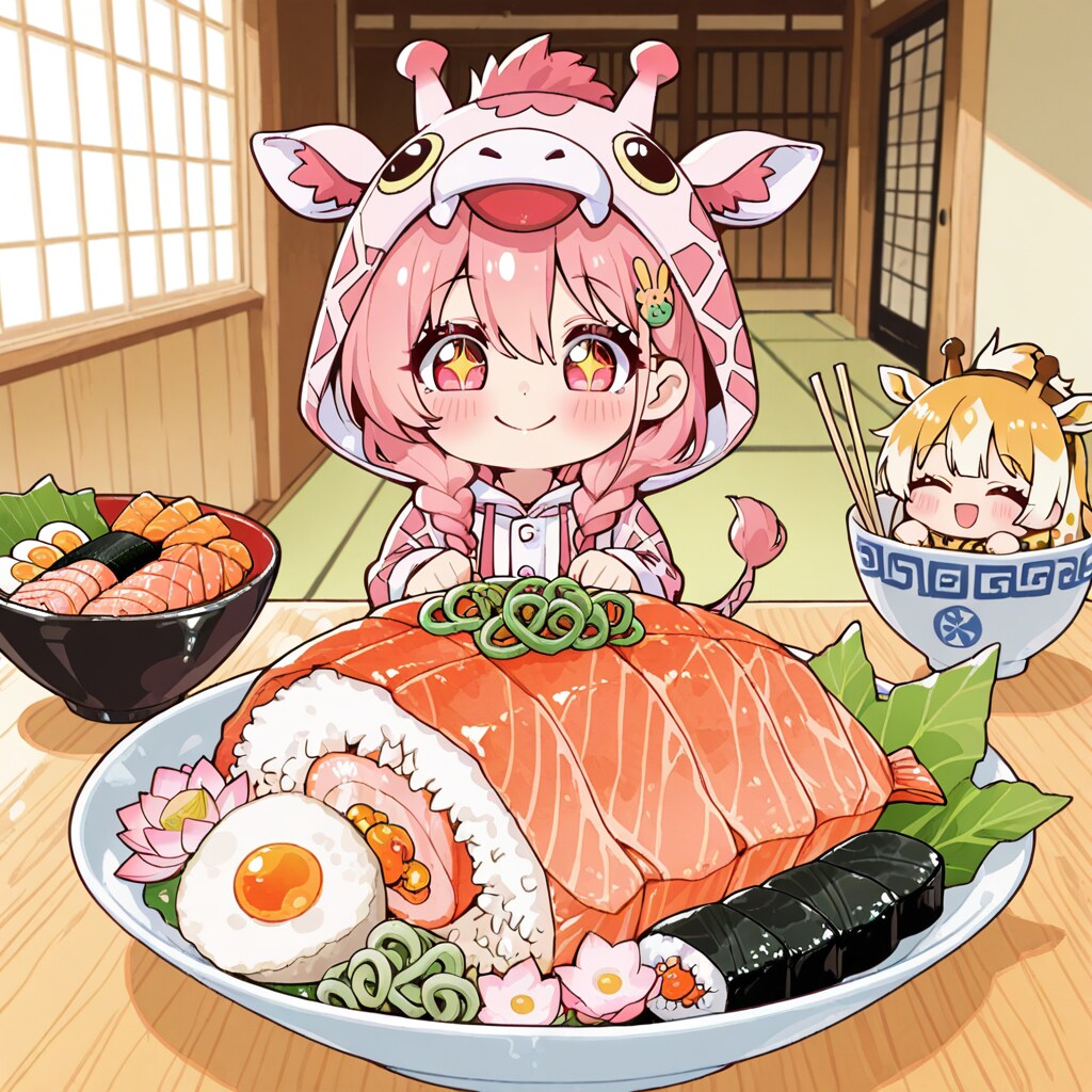 お寿司を堪能するキリン着ぐるみちび子ちゃん