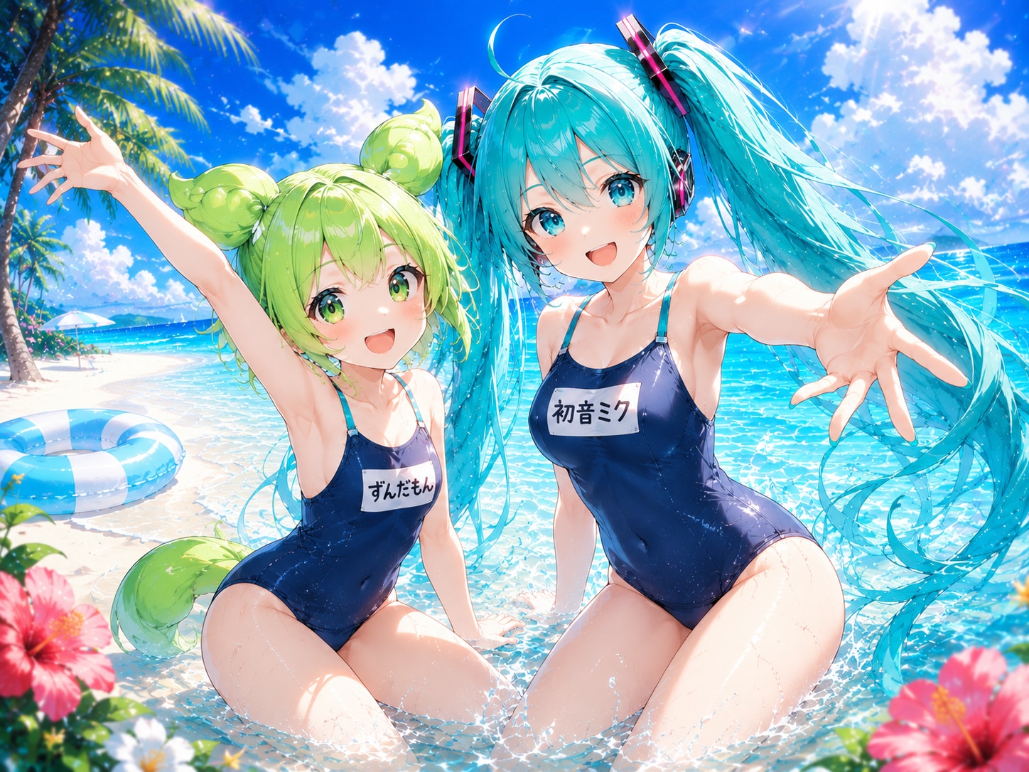 海で水遊びするミクとずんだもん