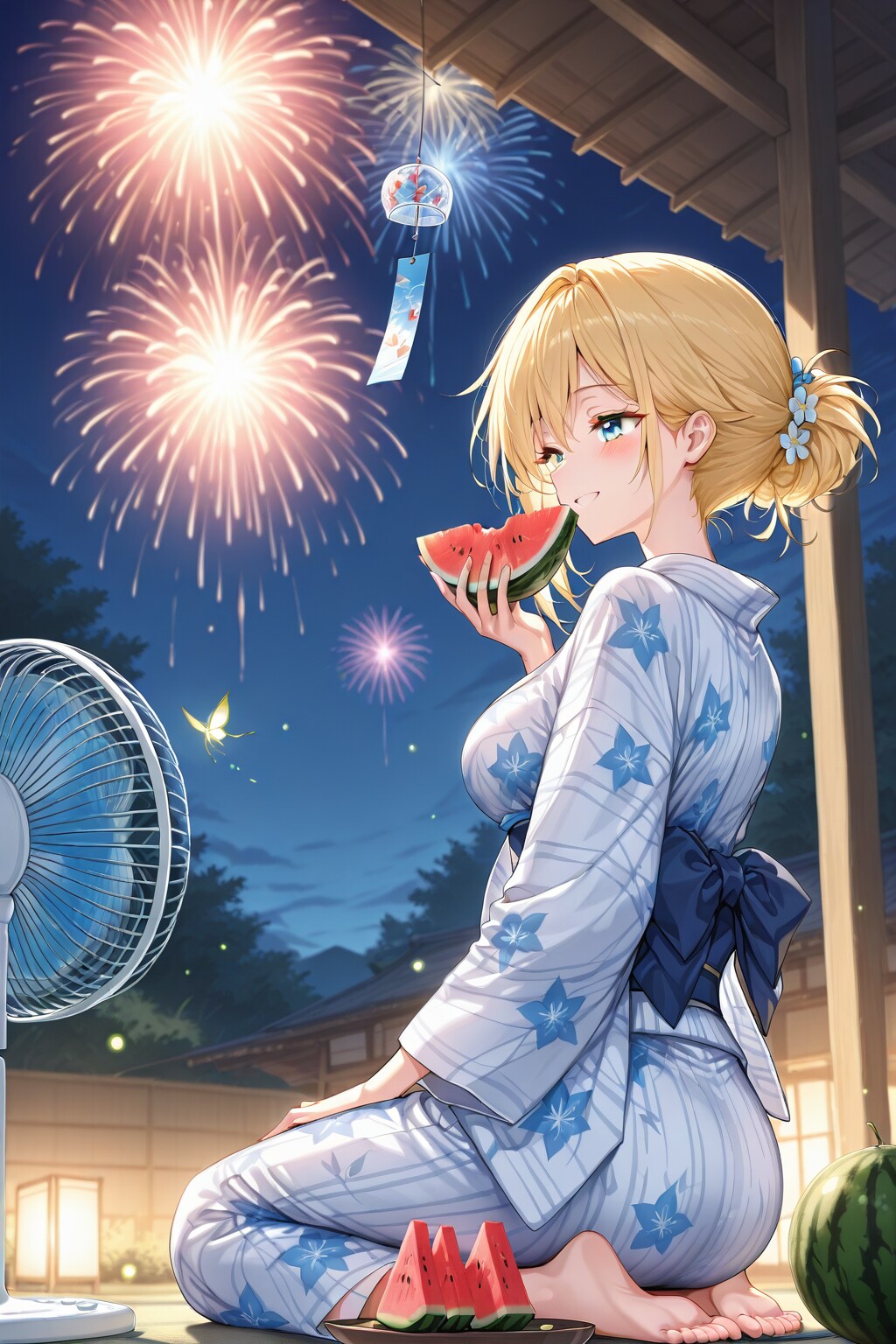 夏の夜、スイカを食べる美少女 | の人気AIイラスト・グラビア