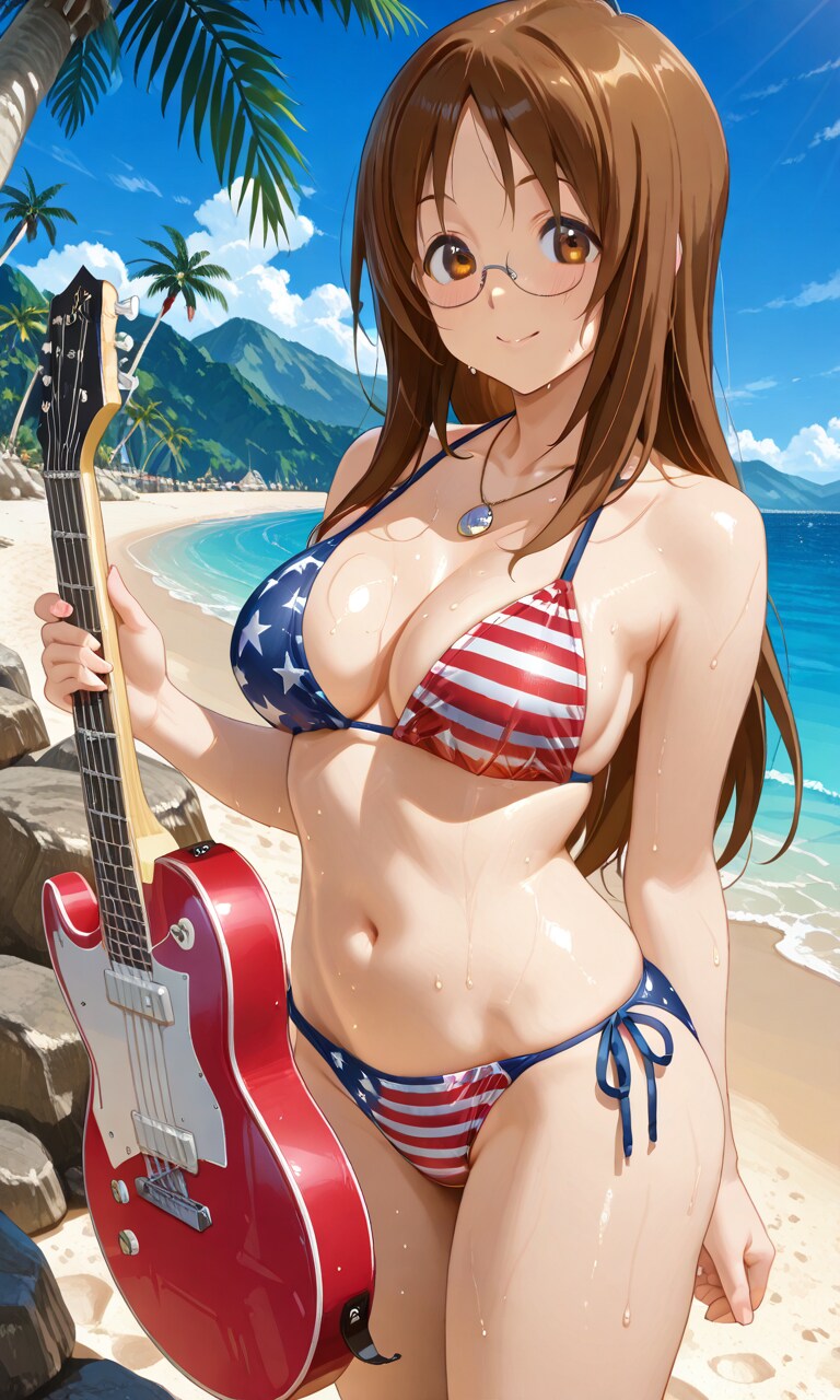 PixAI生成で星条旗ビキニでギターでロックなさわちゃん🇺🇸👙🎸🏖️❤️