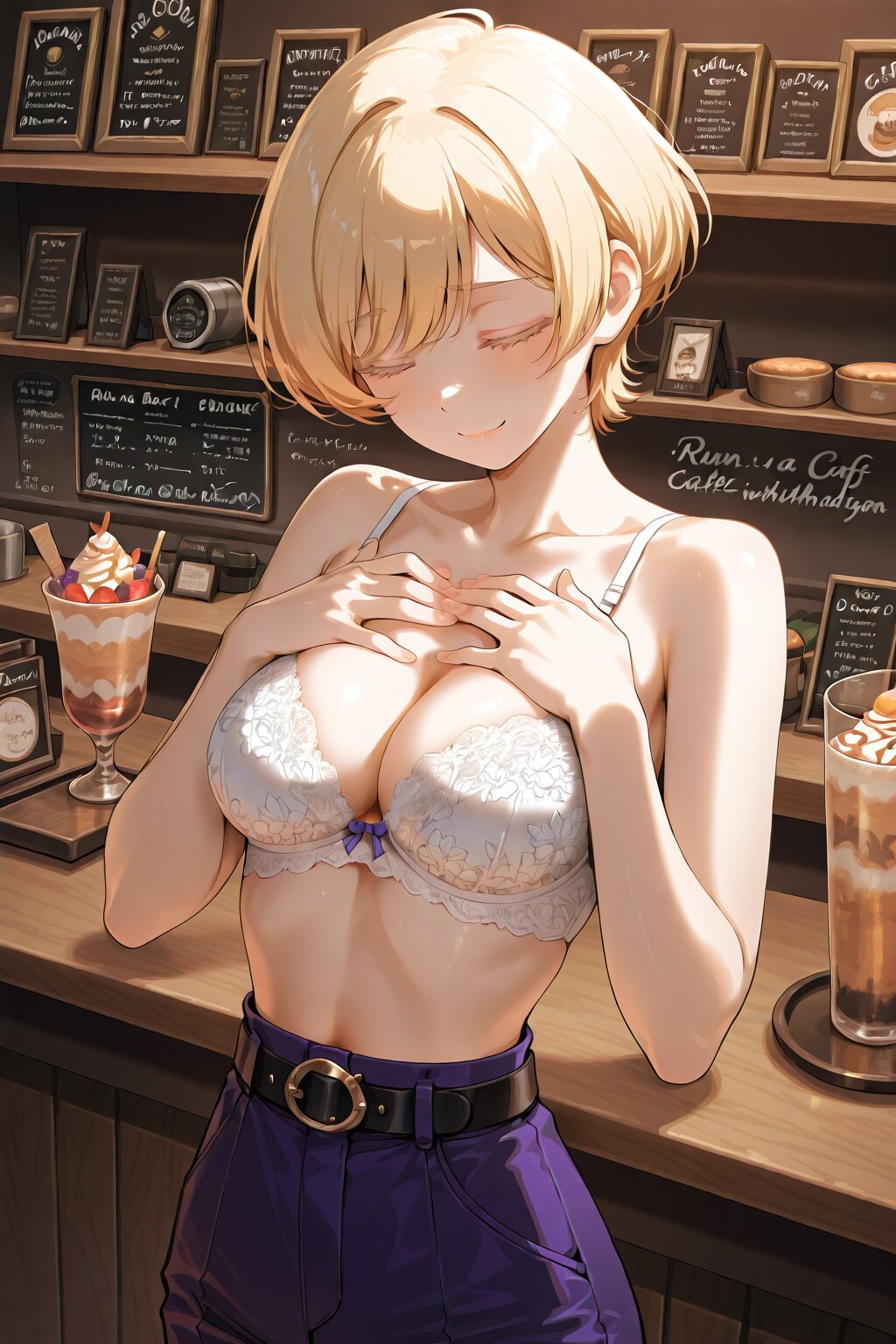 かっこかわいいカフェバーオーナージェシカ・ブレストンの純白レースブラジャー