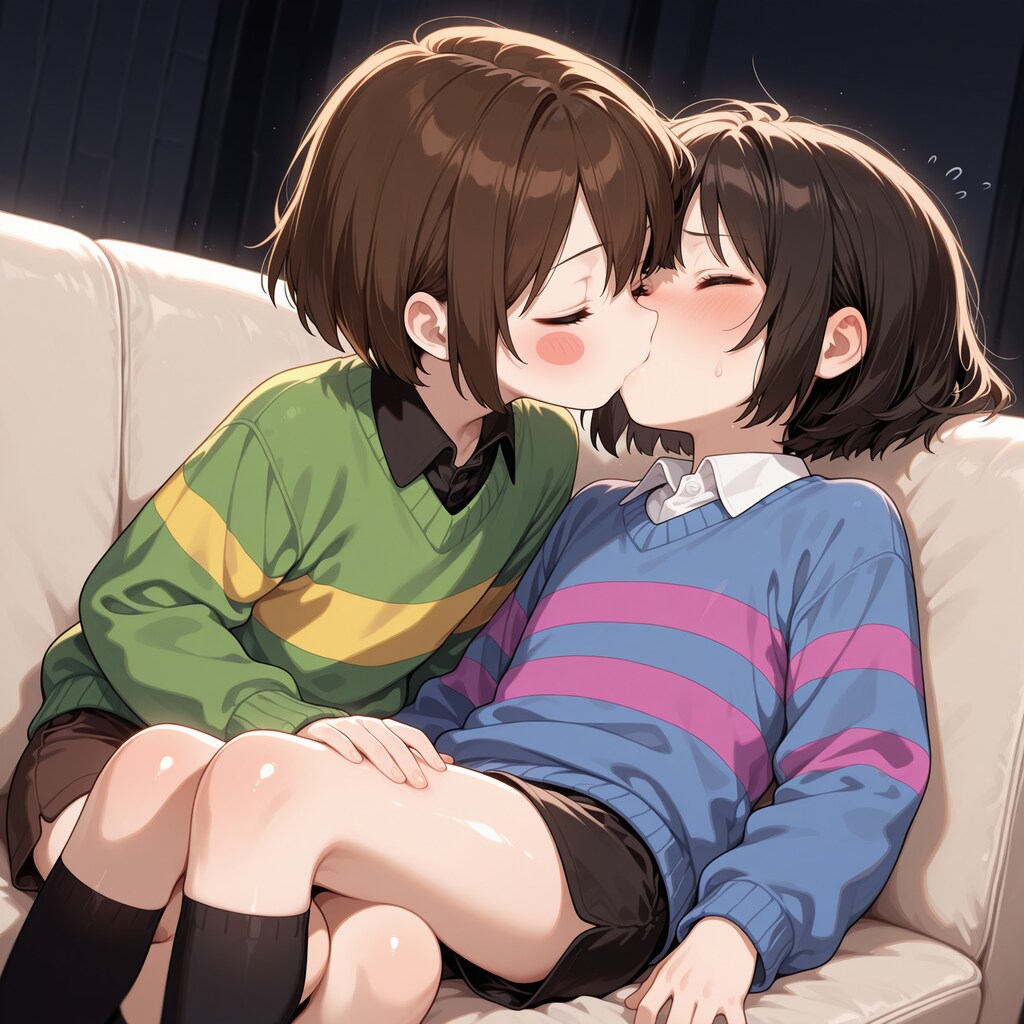 フリスクの太ももをさわさわしながらキスするキャラちゃん