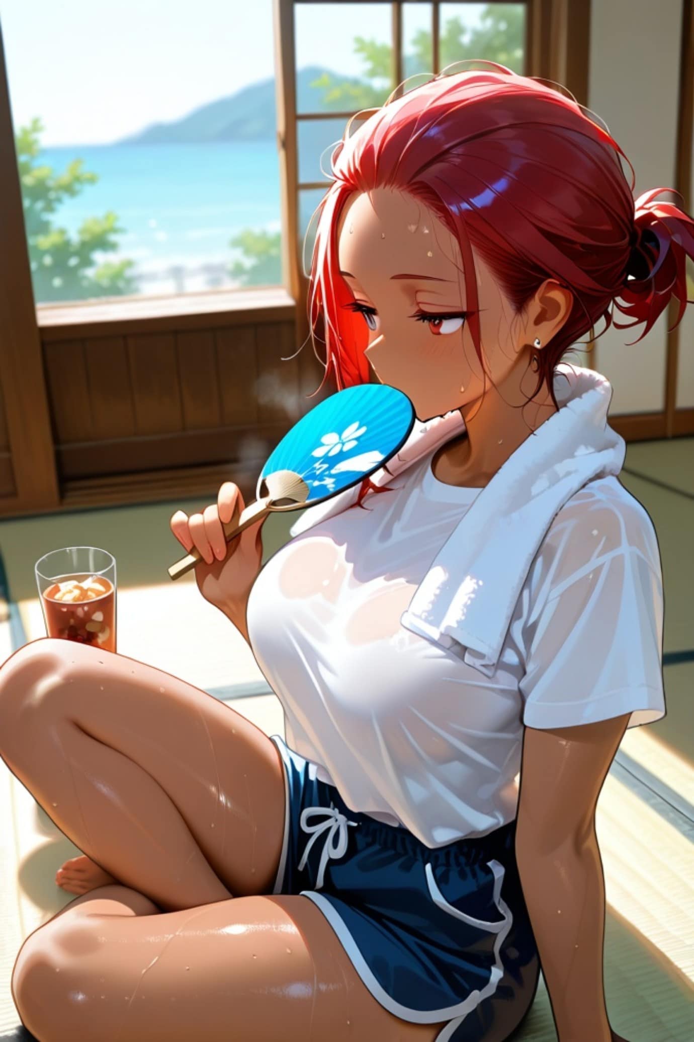 半袖の赤髪ちゃん
