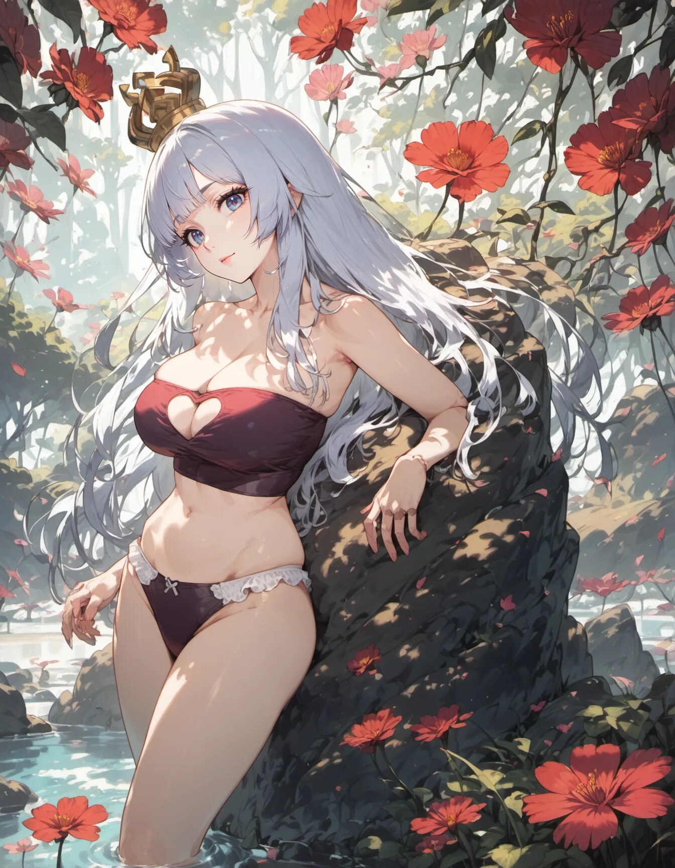 Crimson Blossoms and Silver Grace