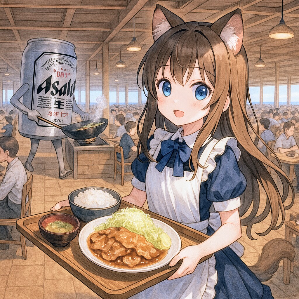 超巨大定食屋で配膳する小さな女の子