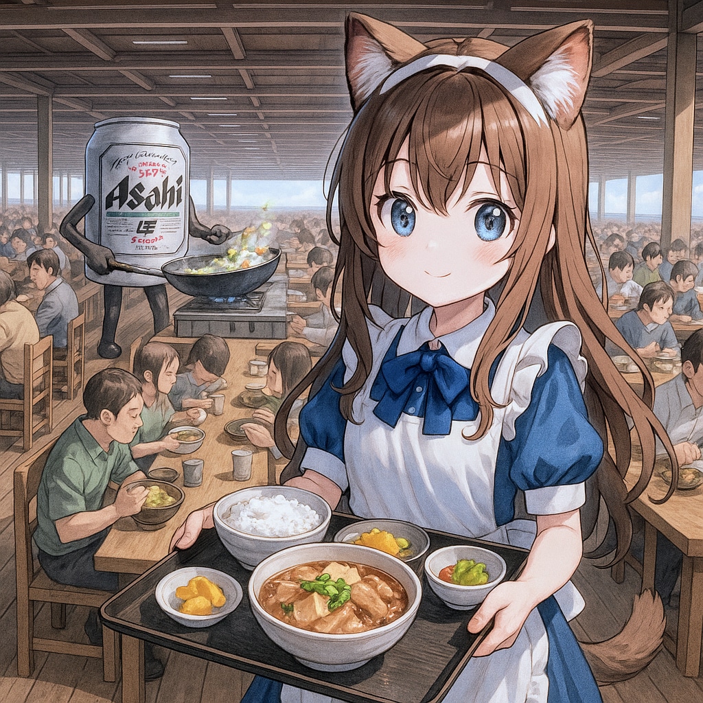 超巨大定食屋で配膳する小さな女の子