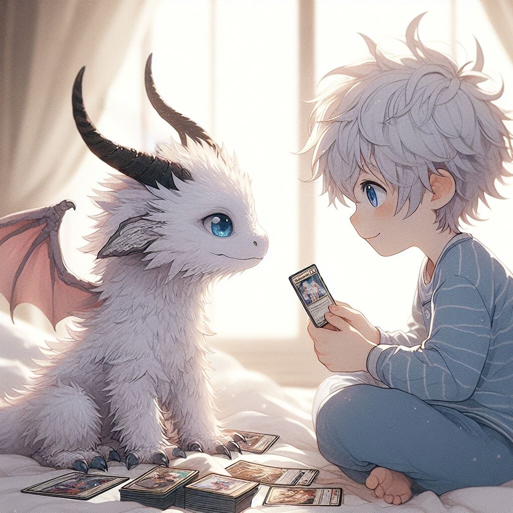 トレカで遊ぶ少年と白いドラゴン