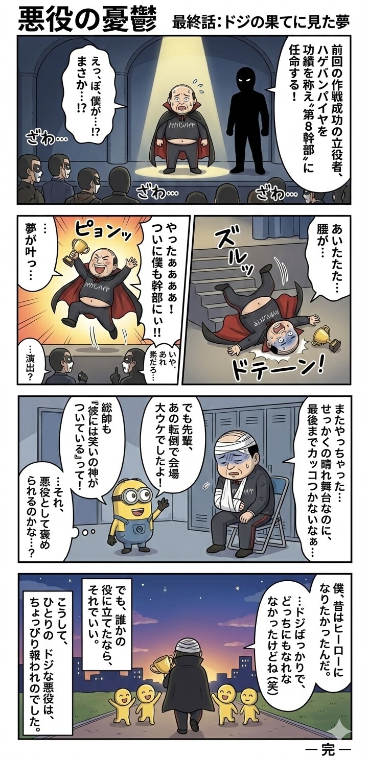 悪役の憂鬱　最終話（四コマ漫画【たた８】５の６）