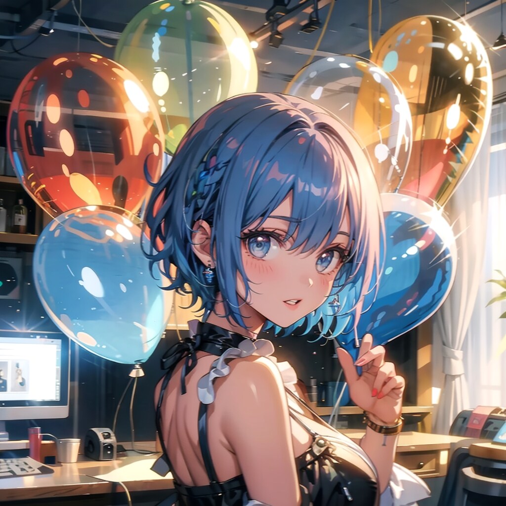 いっぱい風船を持つ青い髪ショートカットの美女アナウンサー | の人気AIイラスト・グラビア