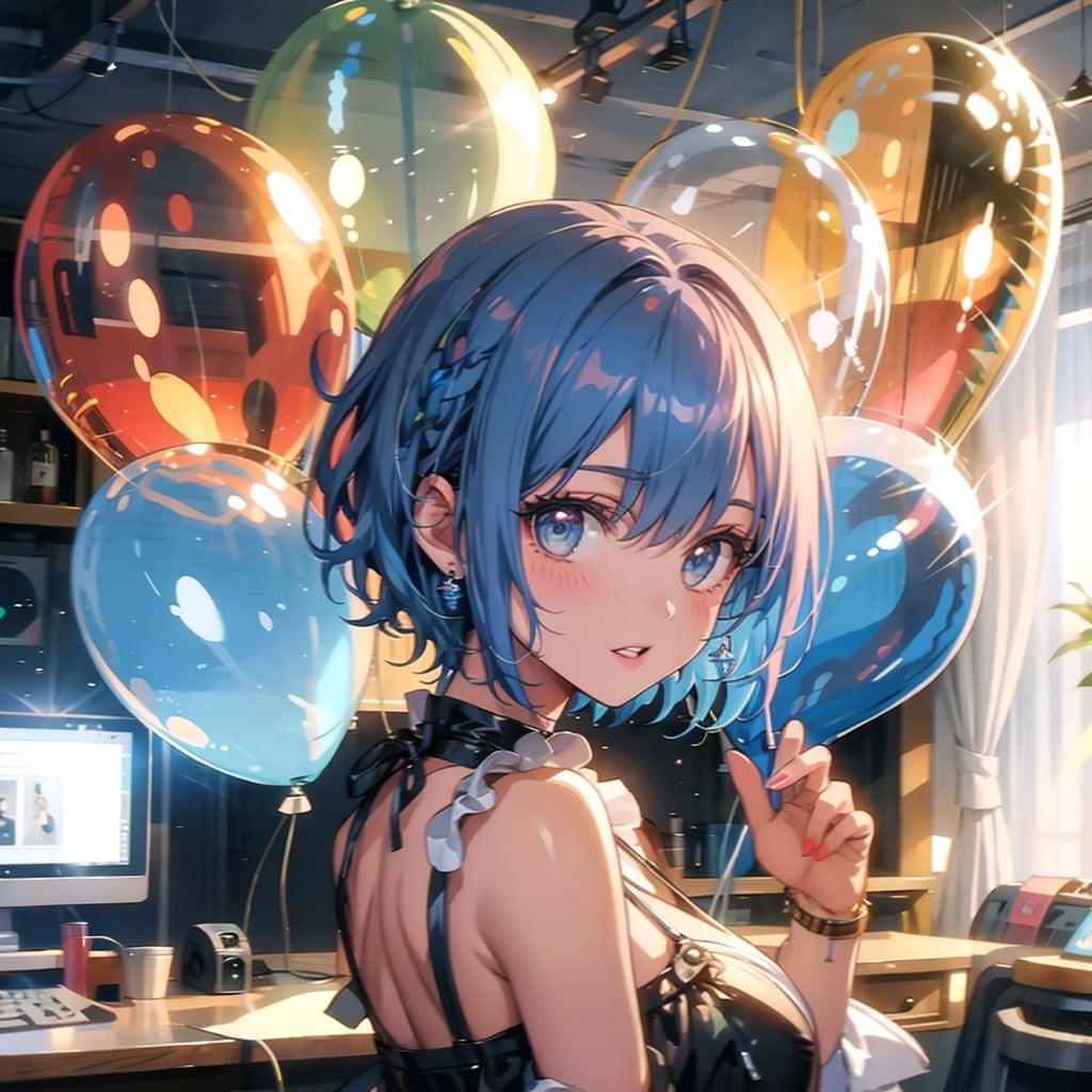 いっぱい風船を持つ青い髪ショートカットの美女アナウンサー