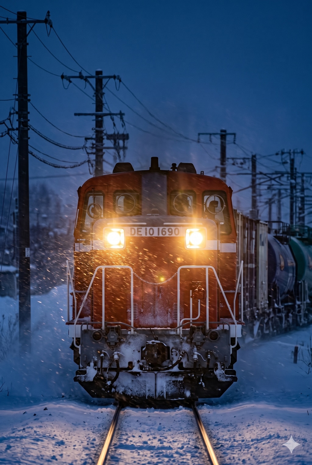 雪の単線を行くDE10