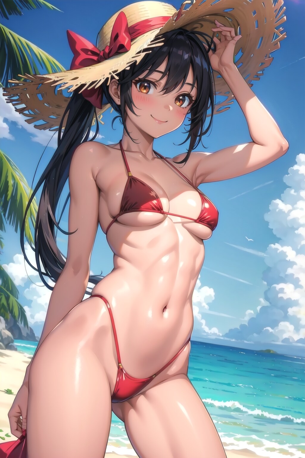 赤いビキニの筋肉質な美女