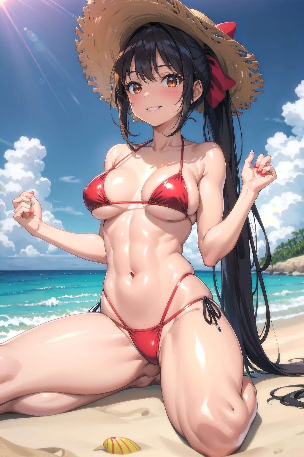 赤いビキニの筋肉質な美女