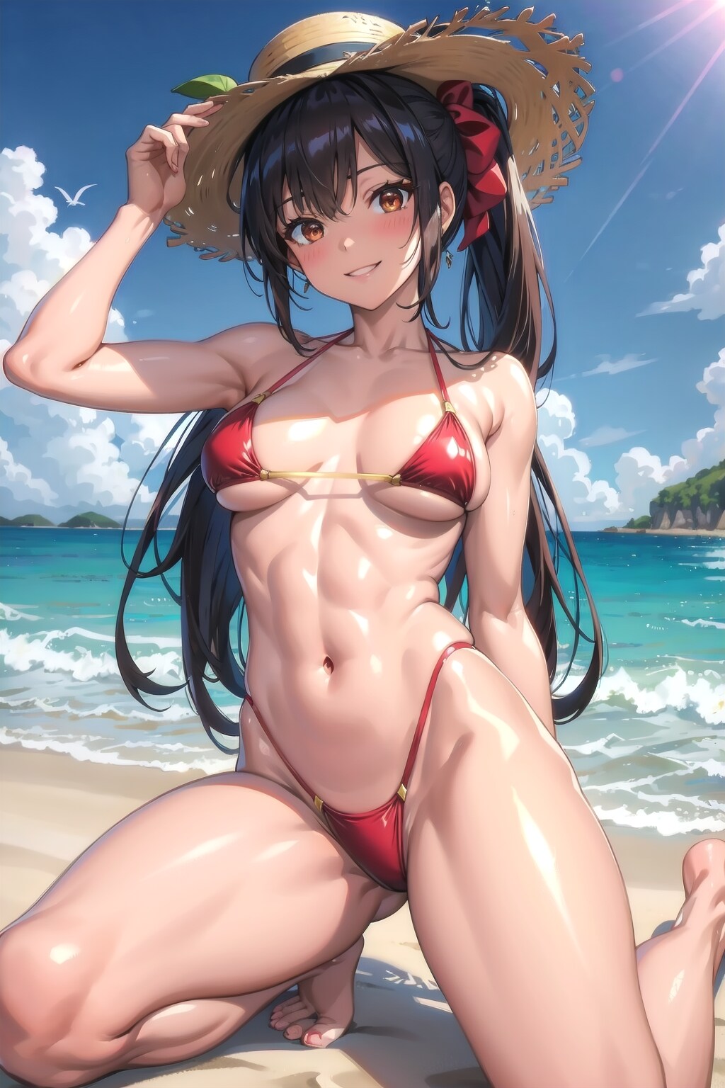 赤いビキニの筋肉質な美女