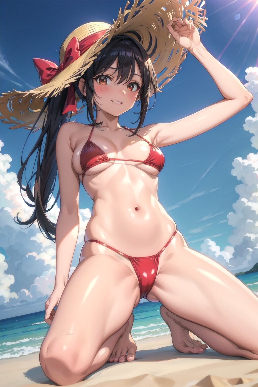 赤いビキニの筋肉質な美女
