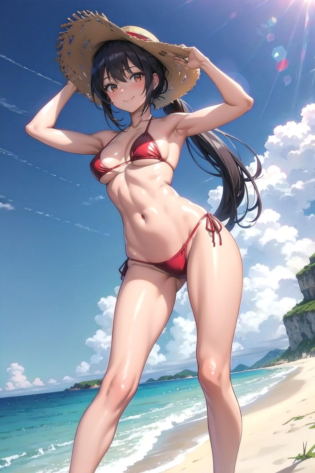 赤いビキニの筋肉質な美女
