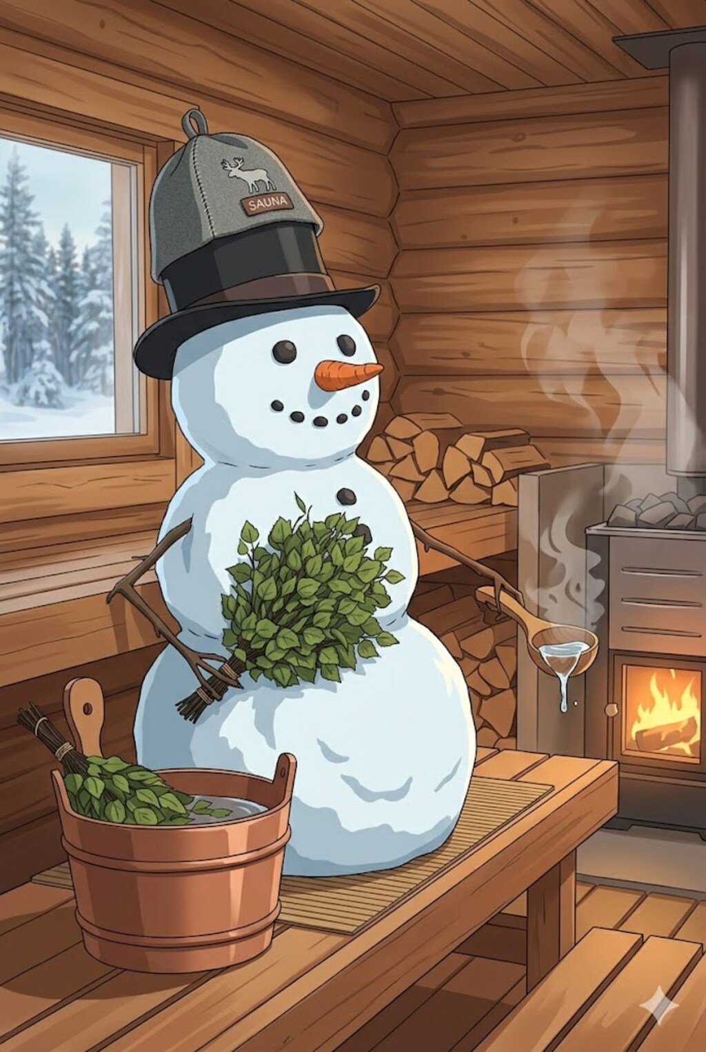 熱を克服しサウナを楽しむ雪だるま