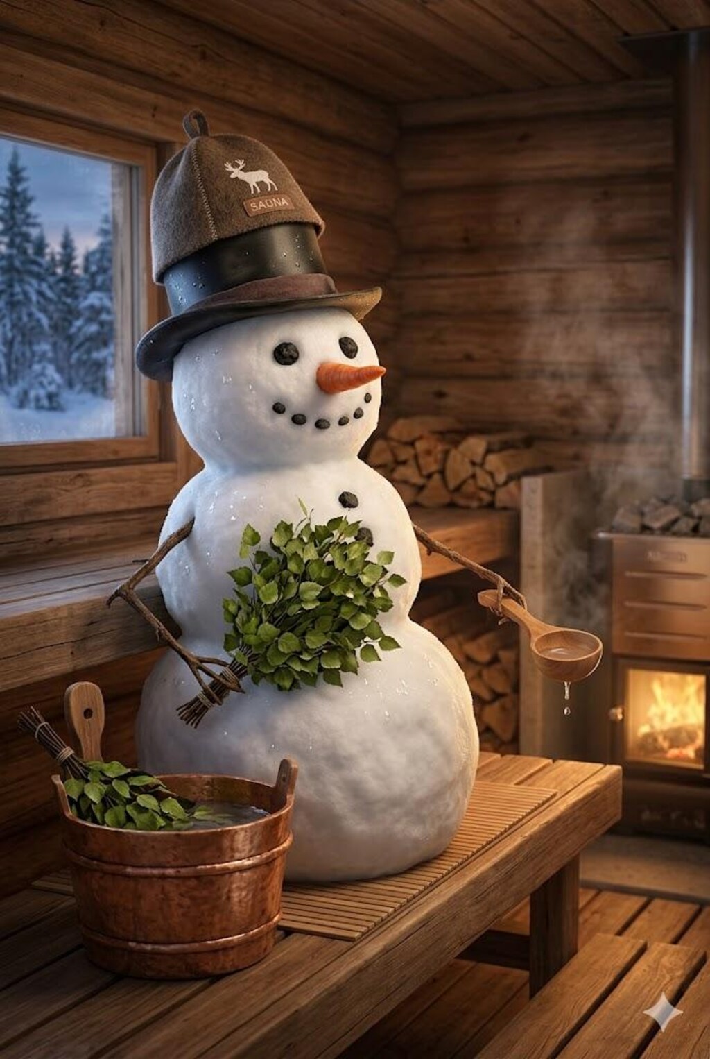 熱を克服しサウナを楽しむ雪だるま