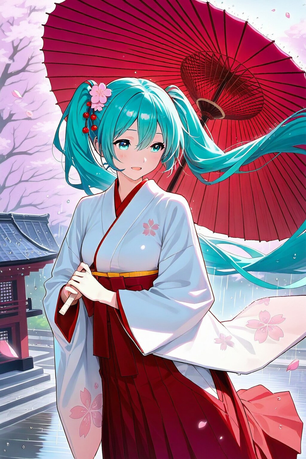 雨の情景　桜と少女