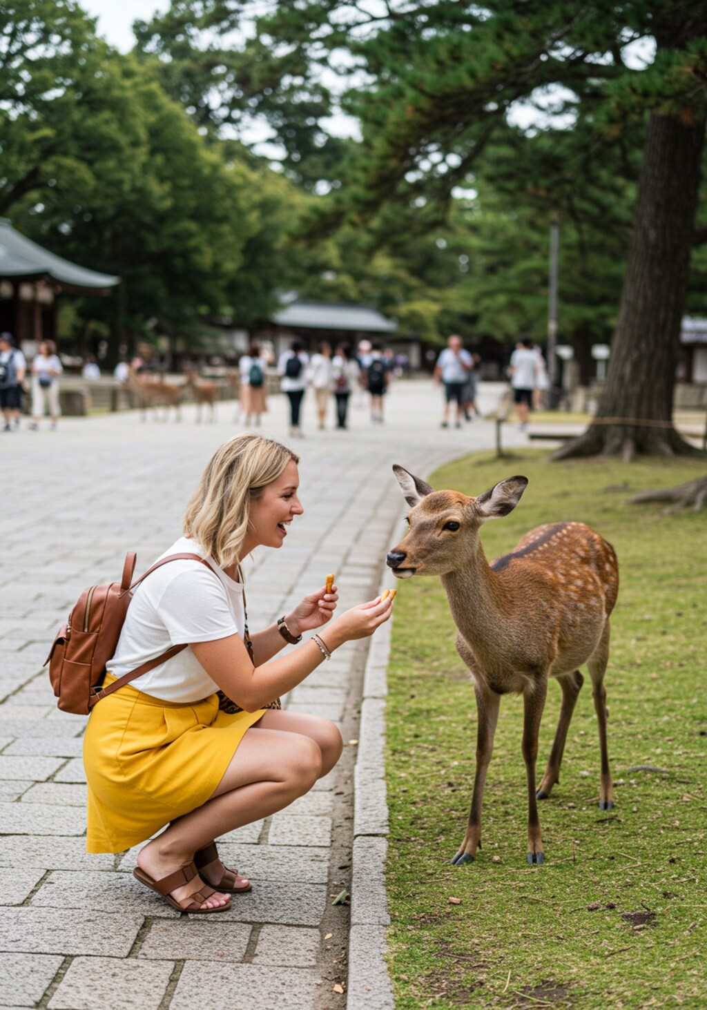 奈良公園で鹿に鹿せんべいをあげる外国人観光客