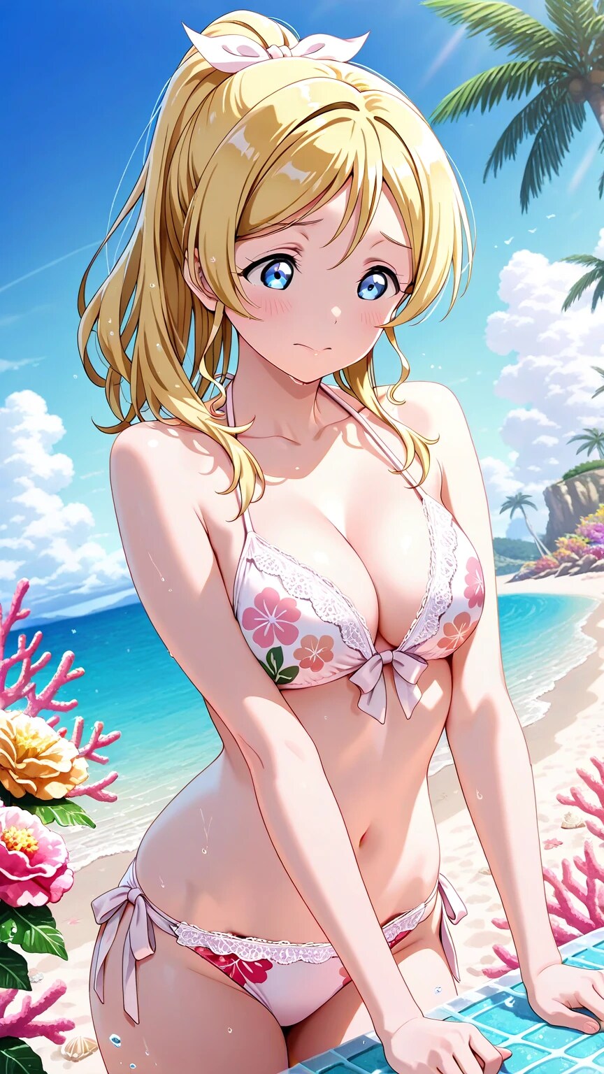南の島で何かを見つめるエリチさん