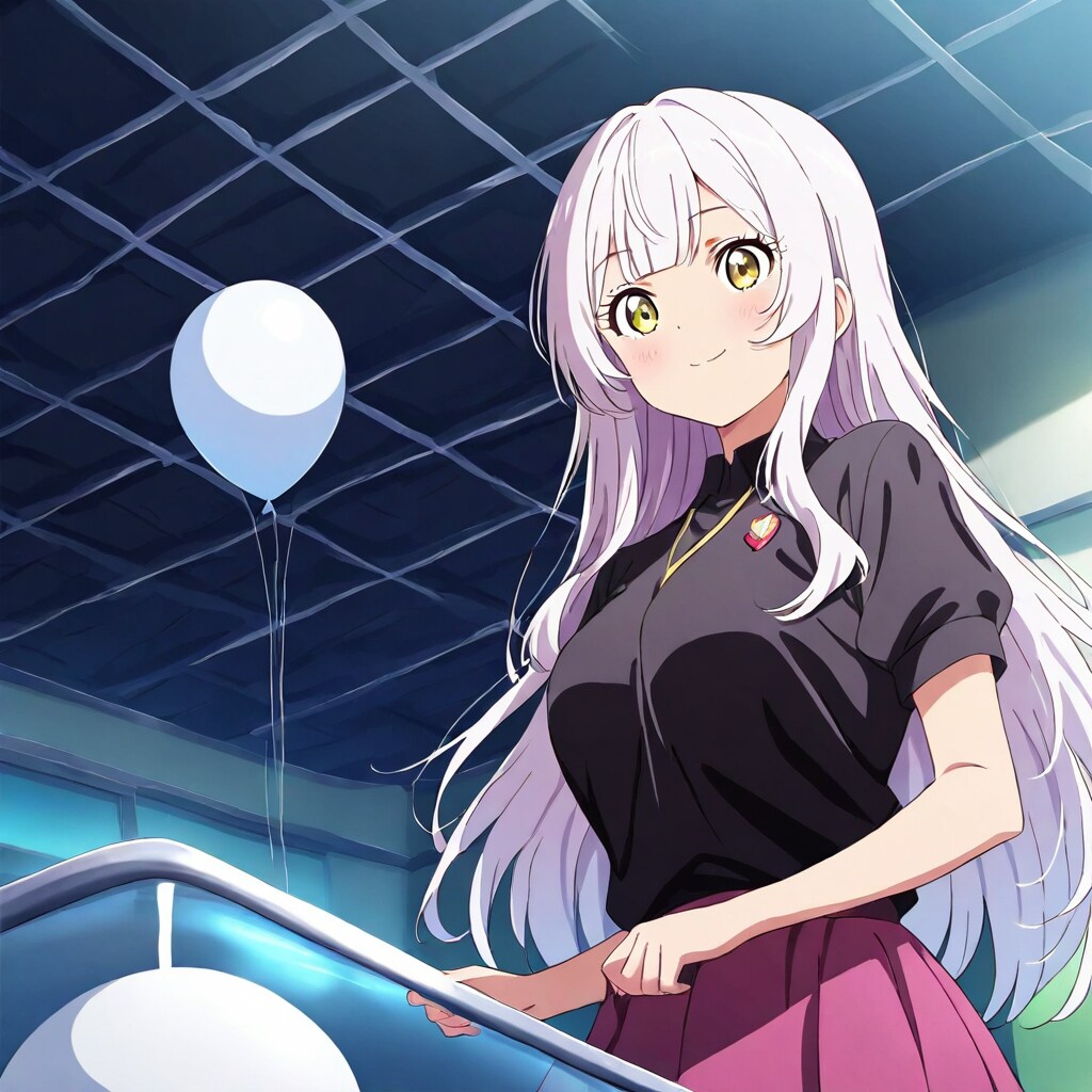 実験室で白い風船で遊ぶ白い髪ロングの美女。