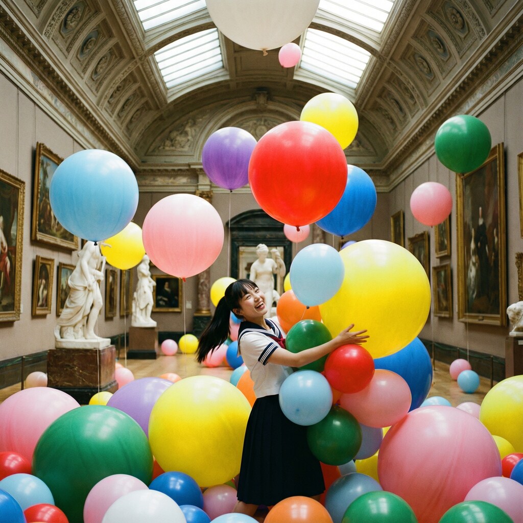 いっぱい巨大風船を持つ黒髪ポニーテールのセーラー服の美少女。
